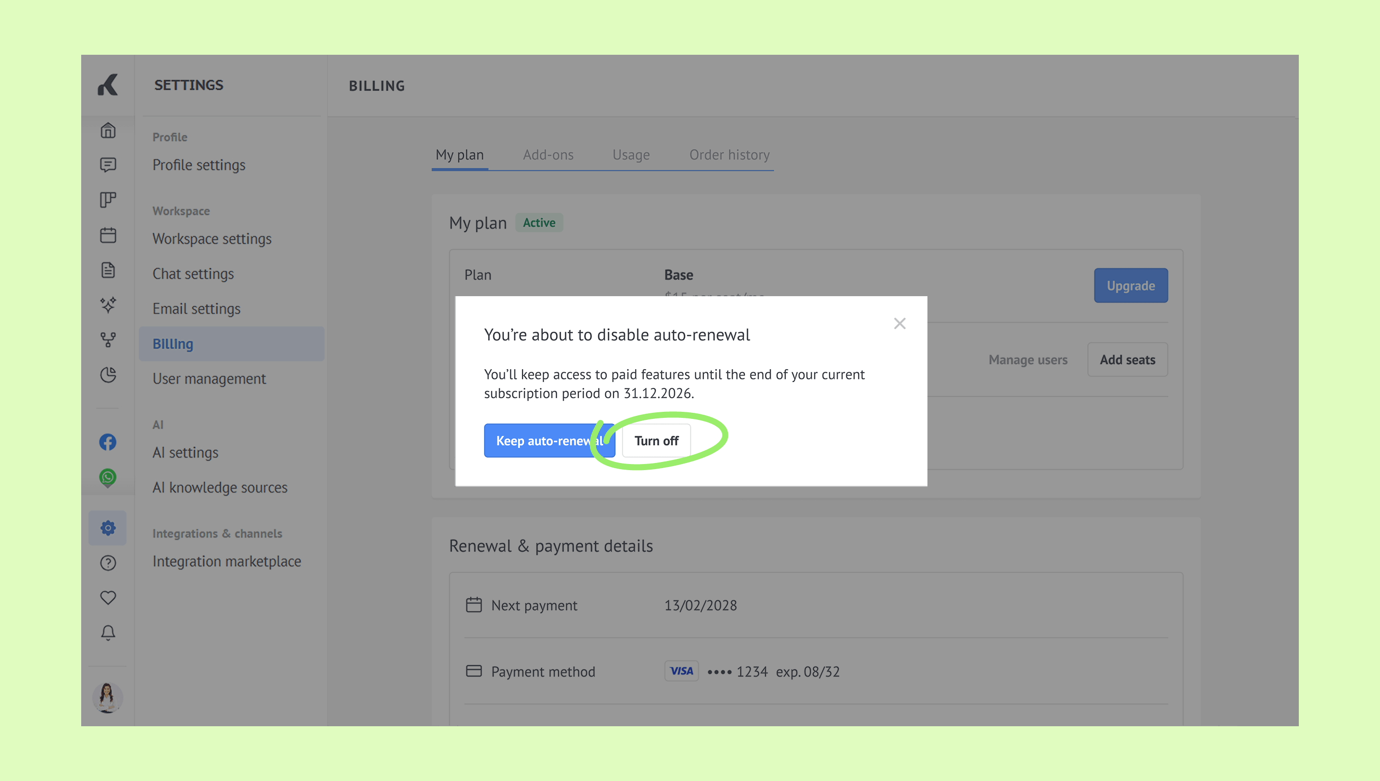 Prompt to disable auto-renewal for a subscription plan with options to keep or turn off.